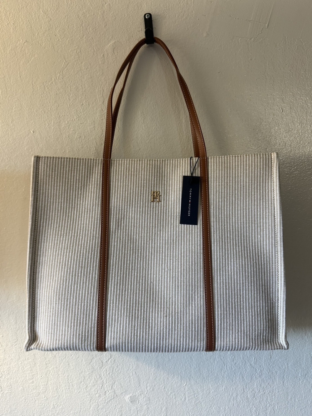 Tommy Hilfiger Striped Canvas Tote with Brown Trim